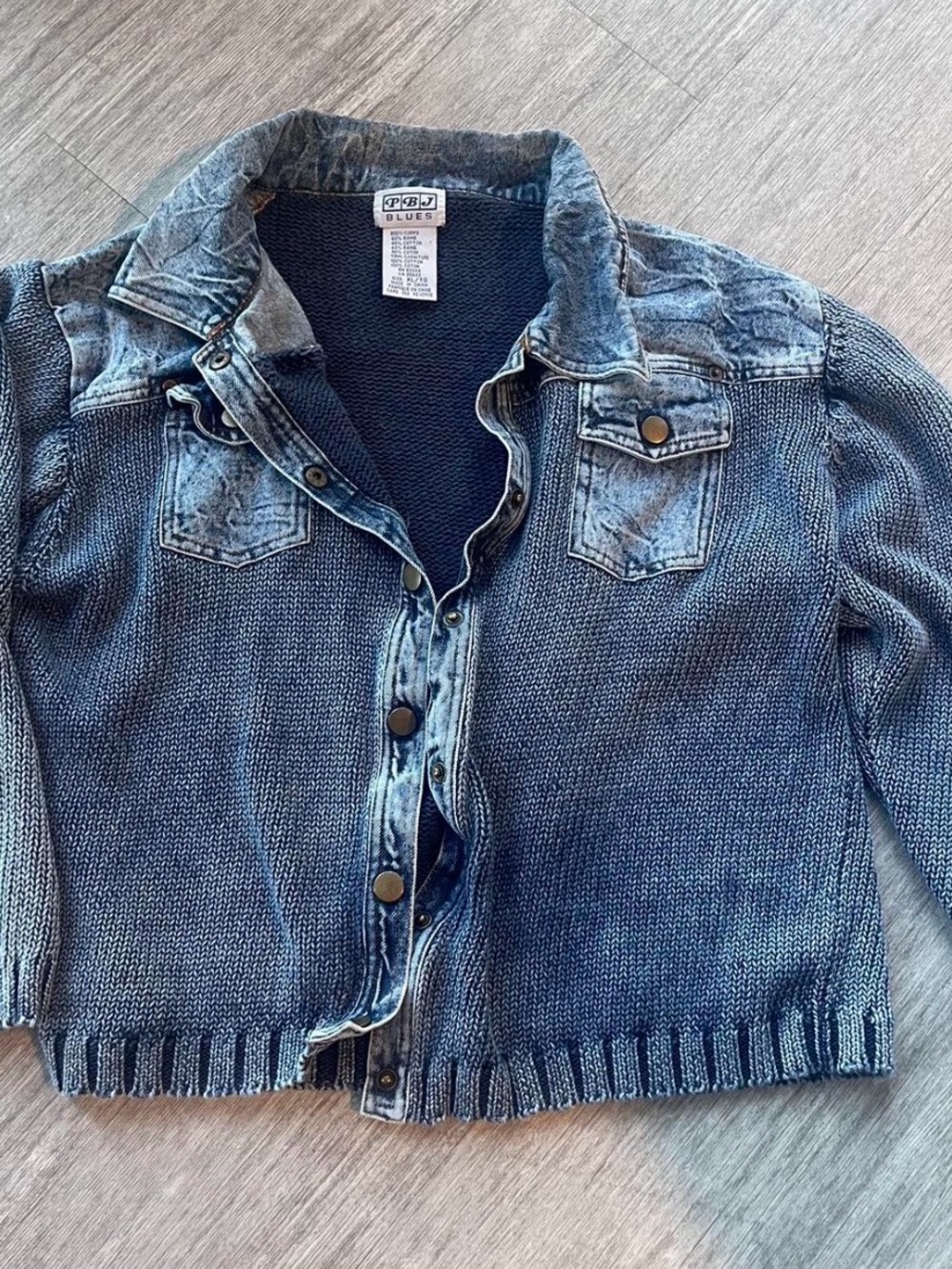 PBJ Blues Denim-Accent Knit Cardigan Sweater Jumper